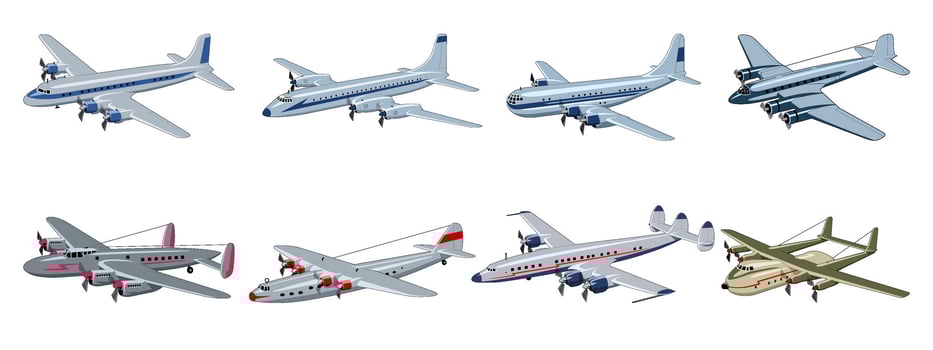 Vintage Airliner Planes. Passenger and Cargo Aircraft. Cliparts isolated on white. vector