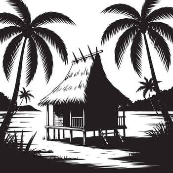 Tropical hut silhouette on the beach isolated on white background. vector