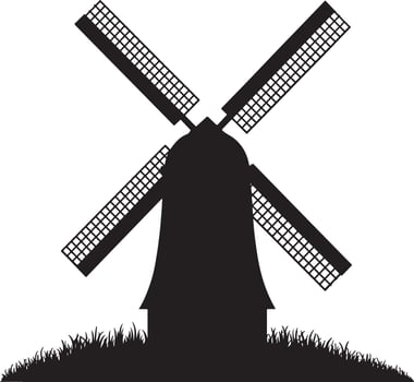 Black Silhouette Windmill Farm Landscape Grass Blades Design. vector
