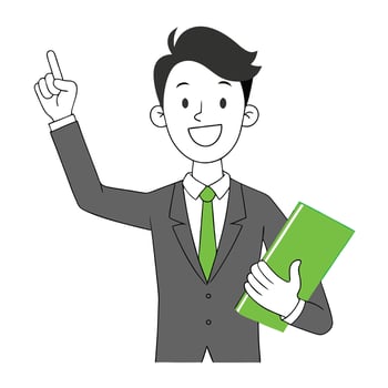 Cartoon Businessman with Green Tie and Folder Pointing Upwards, Having an Idea vector