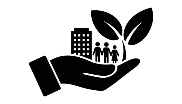 Sustainable Community Care Icon Family, Building and Leaf in Hand vector