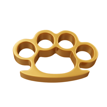 A golden knuckle duster is displayed with four holes for fingers and a curved grip, typically used as a weapon for hand-to-hand combat. png