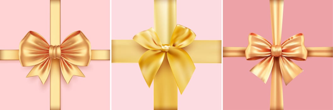 Set of golden bow vertical and horizontal gold ribbons. decorative yellow bow. Template holiday decoration. Collection of decorative golden bow, ribbon isolated on white background. vector