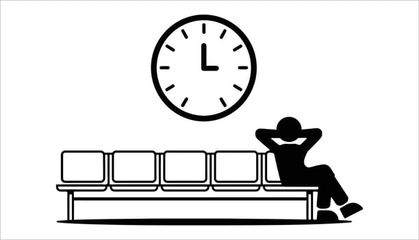 Waiting Room Illustration Person Sitting on Bench with Clock Icon in Minimal Silhouette Style vector
