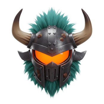 A stylized metal warrior helmet with horns, glowing orange eyes, and fluffy blue hair makes for a striking and fantastical image, suitable for digital art. png