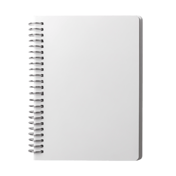 A white spiral notebook with metal spirals isolated on a transparent background png