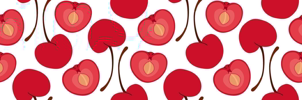 Red cherry Seamless pattern. Whole and one sliced in half showing pit. Spring garden background. Perfect for textile, menu, packaging, kitchen design. flat illustration. vector