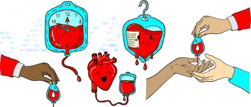 cartoon set of isolated blood donation elements for world donor day heart, transfusion bag, time symbol, medical care and volunteer hands vector