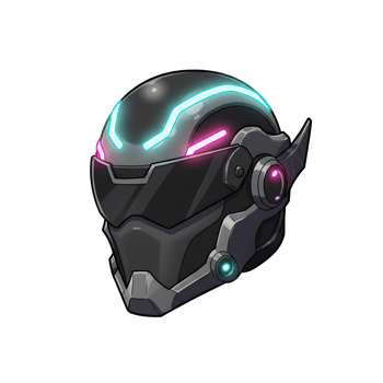 A futuristic cyberpunk helmet features sleek dark gray armor and glowing neon lights in cyan and magenta, suitable for science fiction designs. png