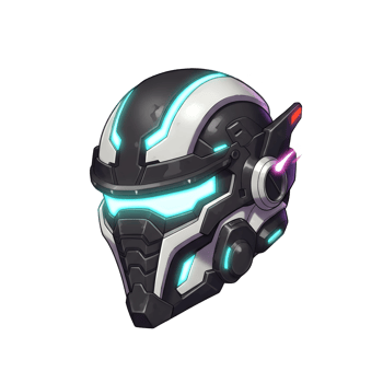 A black and white futuristic helmet features glowing blue lights and small pink flames, suggesting it's ready for battle or a high-tech mission. png