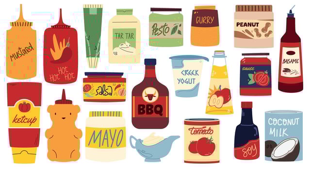 Cartoon set of sauces and dressings. Mayonnaise, barbecue, ketchup,mustard, soy sauce, tartar, curry. Various bottles and cans of sauces. vector