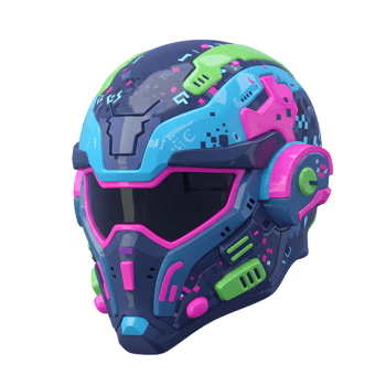 Close-up of a futuristic helmet featuring a cyberpunk design in bright colors, perfect for costume or display. png