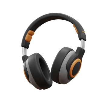 Black and gray headphone with orange accents in a 3D render provides a sleek and modern option for listening to audio. png