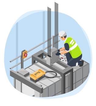 Technician performing elevator system maintenance on top of lift cabin inside building shaft to ensure mechanical functionality and operational safety compliance vector