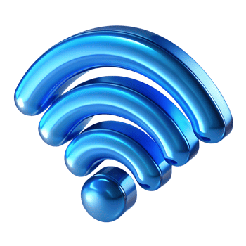 Glassy blue wifi 3d icon isolated, translucent wireless symbol, modern tech sign png