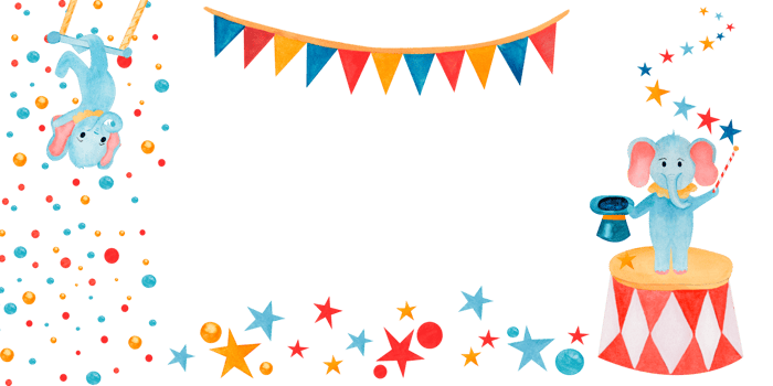 Template invitation or cards made watercolor cartoon circus elephant gymnastic and illusionist, stars, confetti. For birthday greetings and invitation cards, flyers and packages of children's goods. png
