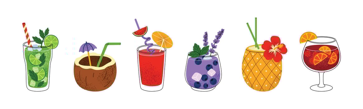 set of summer cocktails and tropical drinks. Mojito, coconut, berry lemonade, pineapple juice, sangria. Colorful beverages with fruit, herbs, ice. Isolated on white. vector