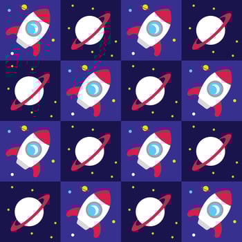 Seamless pattern of rockets and Saturn planets in a playful space theme. Great for kids designs, sci-fi projects, space wallpapers, and cosmic illustrations. vector