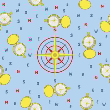 Cute cartoon seamless pattern with compass and cardinal directions on blue background vector