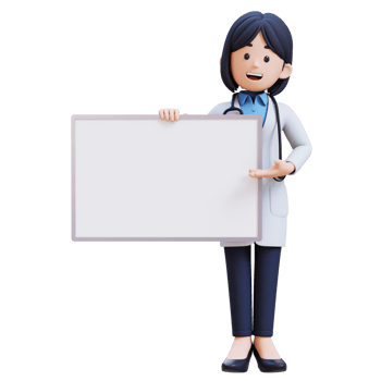 3D Woman Doctor Character in a white lab coat is presenting to a white board with a smile on her face png