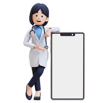 3D Woman Doctor Character in a white lab coat presenting to a cell phone with a white background png