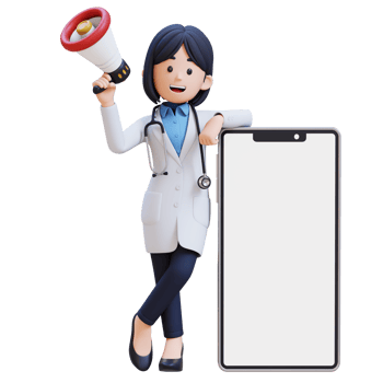 3D Woman Doctor Character in a white lab coat is holding a megaphone lay on phone with blank screen png