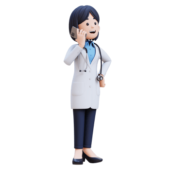 3D Woman Doctor Character in a white lab coat is talking on her cell phone png