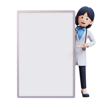 3D Woman Doctor Character in a white lab coat presenting to a blank white board png