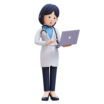 3D Woman Doctor Character in a white lab coat is holding a laptop computer and surprised png