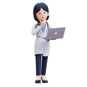 3D Woman Doctor Character in a white lab coat is holding a laptop computer and thinking png