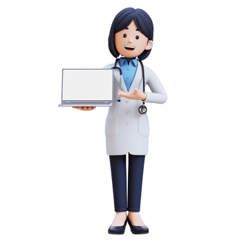 3D Woman Doctor Character in a white lab coat presenting to a laptop png