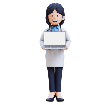 3D Woman Doctor Character in a white lab coat holding a laptop with a white screen png