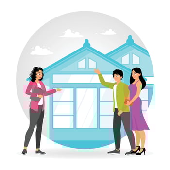 Open House Concept. Real Estate Agent Showing a New House to Interested Buyers. vector