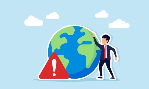 Businessman standing next to a globe and warning sign illustration of the importance of eco green business for earth sustainability vector