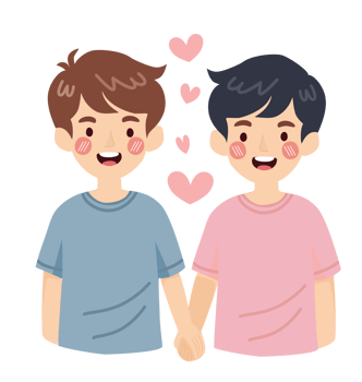 Cute cartoon of two happy boys with pink heart symbolizing LGBTQ love and pride. png