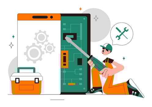 Mobile Phone Service Illustration Featuring Cracked Screen and Repair Technician Background vector