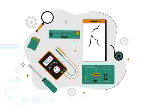 Smartphone Repair Illustration with Broken Screen and Diagnostic Tools in Flat Cartoon Style vector
