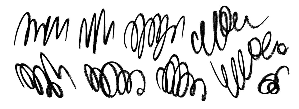 Freehand pen scribble set. Hand drawn rough pencil scrawl collection. Grunge crayon curly doodle line pack. Messy charcoal squiggle brush stroke bundle. Black bold marker sketch swirl. vector