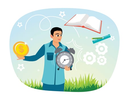 Entrepreneurs balance time, money and resources in a modern illustration style. vector