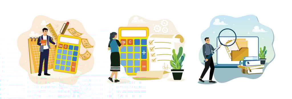 An accountant calculates cost estimates and budgets company's finances and create finance report. vector
