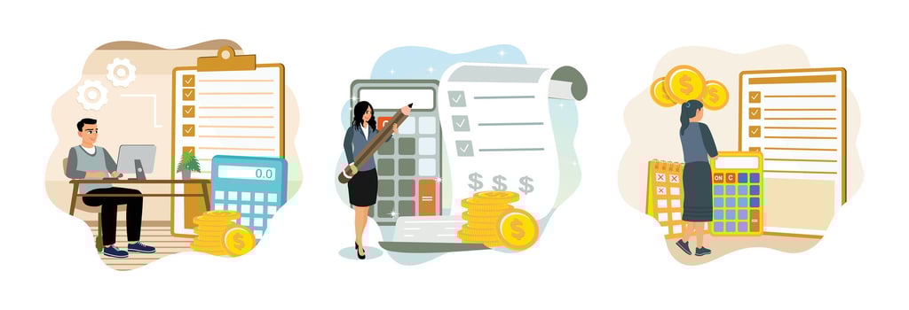 Entrepreneurs manage company finances, calculate estimates and plan the financial to keep balanced. vector