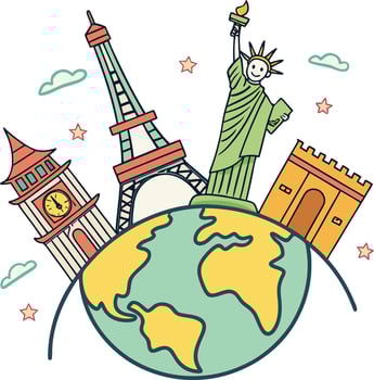 famous world landmarks travel concept with globe and iconic monuments for tourism vector