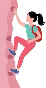 Women climber characters enjoying healthy physical activity climbing rock wall. Climbing Wall. Women climbing mountain wall sign. Extreme sport symbol. vector