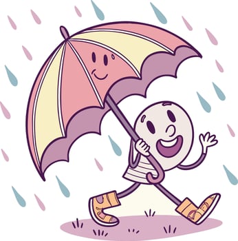 happy character holding umbrella walking in rain with smiling face and colorful drops vector