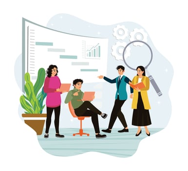 Business teams meet and analyze marketing data. vector