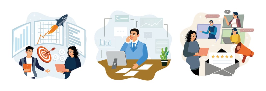 Advertising launch campaign, businessman communicates with customers who provide feedback. vector
