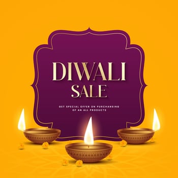 Diwali sale banner with diya lamps and gold decoration vector