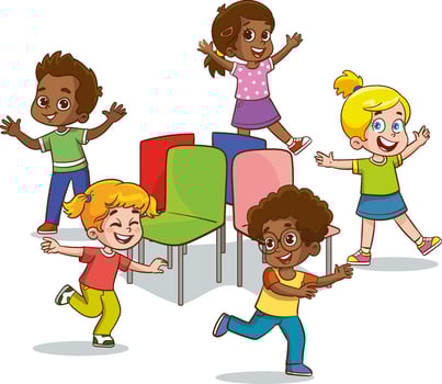 Cartoon happy children playing musical chairs illustration. Kids excitedly walking around the chairs illustration. vector