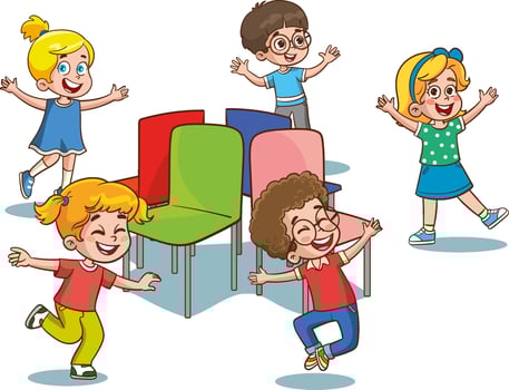 Cartoon happy children playing musical chairs illustration. Kids excitedly walking around the chairs illustration. Fun and childhood concept. Isolated on white background vector