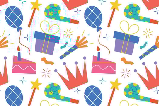 Flat cartoon pattern of birthday party celebration. Cake with candle illustration, gift and balloon, kids festive mood, childhood joy, holiday design, seamless background for decoration vector